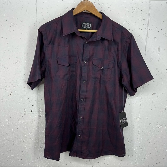 Gibson Men’s size XL Maroon & Black Plaid Pearl Snap Down Shirt NEW - Picture 1 of 15